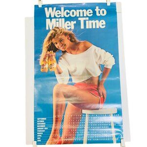 Vintage 1984 Miller Beer Poster Calendar Sexy Model Mancave Bar Nostalgia Slogan